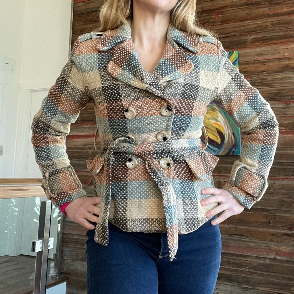 Coffeeshop Wool Plaid Pea Coat with Epaulettes